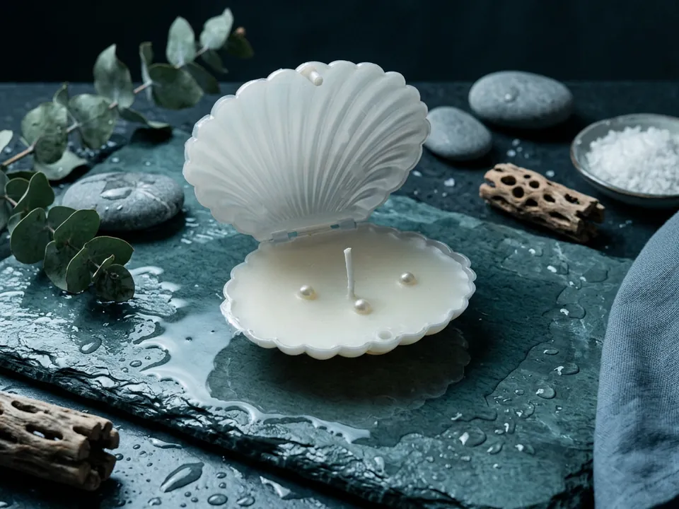 Perla: oyster-shaped candle holding a pearl