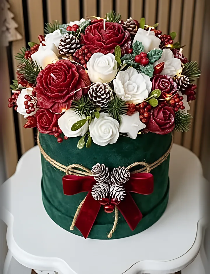 Candle Bouquet: hand-poured rose and peony candles in a green velvet box